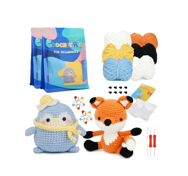 Kit d'animaux en crochet facile pour débutants Lot de 2 jouets en peluche mini renard et pingouin en coton doux