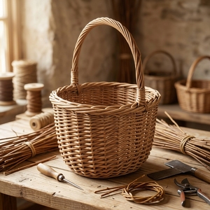 Cesto Rustico Naturale Rotondo in Salice Intrecciato a Mano, Porta Legna per Caminetto con Ruote e Carrello - Product Image 1
