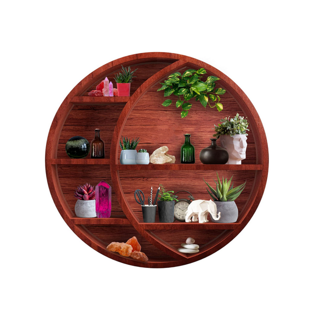 Round Shape Design Double-Tier Crescent Wooden Moon Shelf Wall Display for Bathroom Living Room Wardrobe for Spices Bags