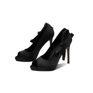 Scarpe da Sera Vintage con Tacco a Spillo e Plateau, Punta Aperta e Grande Fiocco Posteriore in Raso Nero, Eleganti <span class=keywords><strong>Tacchi</strong></span> Alti da Cocktail per Donne - Product Image 1
