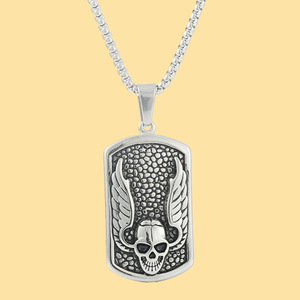 Colgante de acero inoxidable con forma de calavera y alas, con cadena, color plateado, colgante temático para hombres y mujeres, regalo, cadena de perlas cuadradas de 3,0*60 cm - Product Image 1