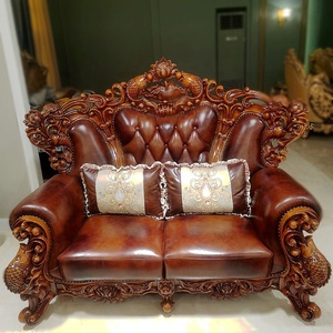 Canapé classique européen en bois massif sculpté, fauteuil en cuir de luxe pour villa, canapé d'appoint pour salon - Product Image 4