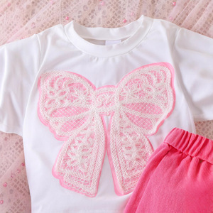 ชุดเด็กผู้หญิงน่ารักสไตล์ยุโรปอเมริกาเสื้อแขนสั้นโบว์เสื้อยืดกระโปรงกางเกง - Product Image 3