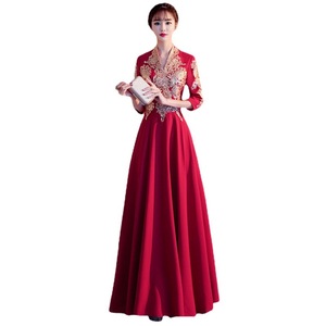 Red Long A-Line Embroidered Wedding Evening Gown V-Neck Natural Waist Vintage Style - Product Image 5