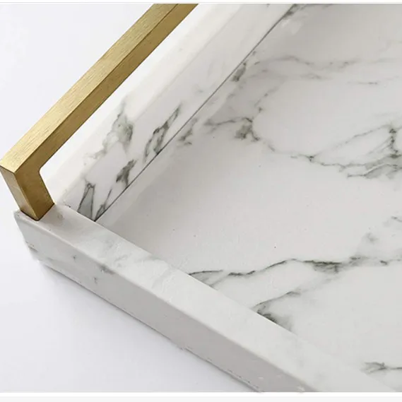 Free Sample Home Decoration Rectangle White Marble Serving Trays with Gold Metal Trays