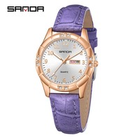 Montre à quartz tendance SANDA 2028, étanche 30M, style coréen minimaliste, ornée de diamants, montre-bracelet pour femme, double date