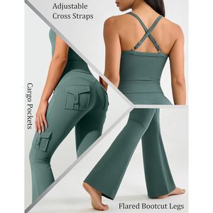 Conjunto Deportivo de 2 Piezas para Mujer, Camiseta Deportiva con Espalda Cruzada y Leggings Ajustados con Bolsillos, Ropa de Gimnasio y Yoga, Spandex, Poliéster, Transpirable - Product Image 6