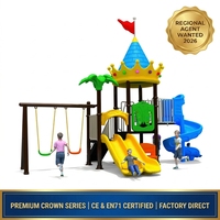 Module de jeu extérieur en vrac SageDelightRides : Toboggan, balançoire et plateforme avec auvent en forme de couronne pour enfants, en LLDPE et acier galvanisé, idéal pour les écoles (vente en gros)