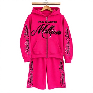 Ensemble de survêtement en molleton avec strass thermocollants personnalisés pour hommes, pantalon de survêtement zippé en molleton de coton, sweats à capuche pour femmes ornés de strass - Product Image 1