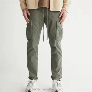 Factory OEM Custom Logo Utility Side Pocket Olive Slim Cargo Fitted Jogging Pants With Drawstring