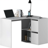 Bureau d'ordinateur moderne en bois, table de studio réversible multiposition avec étagère, finition blanche, poste de travail pour bureau à domicile