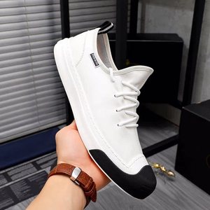Chaussures pour hommes tendance printemps-été, style coréen, respirantes, souples, en cuir véritable, blanches, à lacets, décontractées - Product Image 2