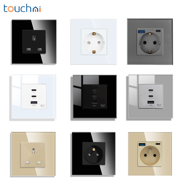 Touchmi 65W Fast Charging Wall Socket 2 Type-C + 1 USB-A Ports 86*86mm European Standard Tempered Glass Panel USB Wall Outlet