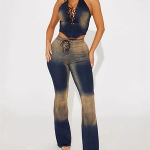 Viviblook Z321ST07 Mujeres Sexy Stretch Denim Halter Crop Tops y pantalones acampanados Trajes Conjunto de dos piezas Traje de mezclilla - Product Image 1
