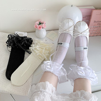 Chaussettes Lolita pour femmes, blanches, ajourées, à bordure en dentelle, mi-mollet, style japonais Cos JK, avec nœud princesse, fines, en résille