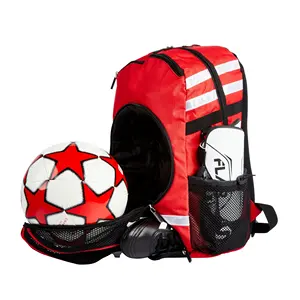กระเป๋าเป้สะพายหลังสำหรับเล่นกีฬาฟุตบอลสีแดงมีช่องใส่ลูกบอลทนทานใช้กลางแจ้ง