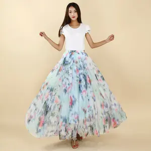 Printed Pleated Skirts Vintage Floral Pattern High-Waist Skirt Casual A-Line Women's casual Long Skirt