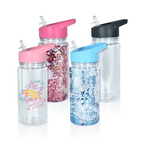 2024 Custom Logo Promotion snow globe Gift BPA Free Kids Plastic Water Bottle with Straw Lid