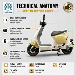 Scooter Eléctrico Urbano de 350W 48V con Batería de Plomo-Ácido de 20AH, Largo Alcance, 25km/h, Motor de Alta Potencia de 350W, Frenos de Tambor Dobles, Ideal para Desplazamientos Urbanos - Product Image 2