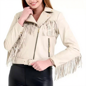 Womens Real Beige Leather <b>Jacket</b> Fringe Yoke Tassels Belted Sheepskin Cream <b>Western</b> Cowgirl Biker Coat Custom Winter Outerwear - Product Image 1