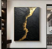 Peinture à l'huile abstraite texturée Or Noir sur toile, peinte à la main en impasto épais, Art mural de luxe pour Villa et Hôtel