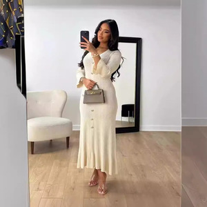 Nút ve áo mỏng phù hợp với dệt kim của phụ nữ dài tay áo lần lượt xuống cổ áo len ăn mặc nút sườn Slim ribeed thanh lịch Maxi Dress - Product Image 4