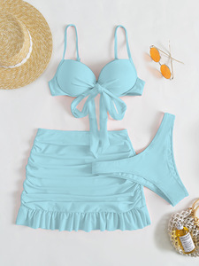 Hot Selling Solid Color Three Piece <b>Bikini</b> Set <b>Skirted</b> Backless Swimsuit Women Beach Bathing Suit - Product Image 4