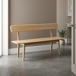 Banco de Comedor Moderno de Madera de Teca con Respaldo de Bordes Redondeados y Patas Cónicas - Product Image 3