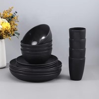 Ensemble de vaisselle en plastique écologique noir de 16 pièces, compatible micro-ondes et lave-vaisselle, couverts et ustensiles de camping et de voyage