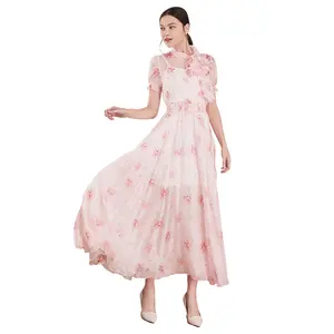 2019 새로운 패션 숙녀 사용자 정의 브랜드 의류 부드러운 부드러운 긴 한국어 스타일 꽃 인쇄 여성 여름 드레스