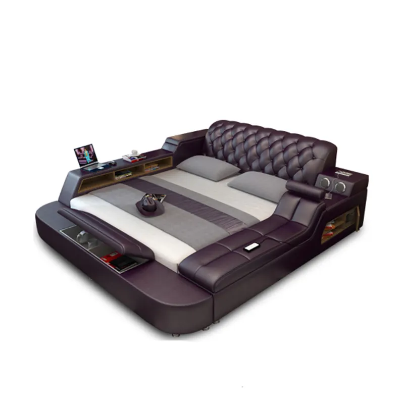 Moderne Mode Slaapkamer Meubilair Lederen Bed Met Speaker Usb Lader Massage Sofa Bed Sets