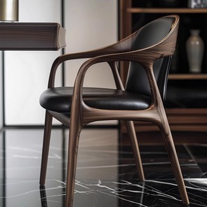 北欧ミニマリスト木製アームチェア ミニマリストホーム ソリッドウォールナットウッド レザーバックチェア - Product Image 1