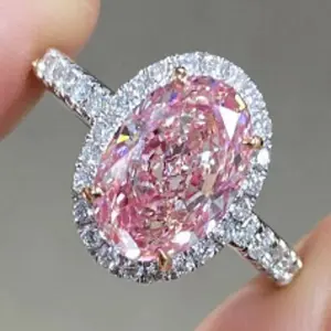 Lab 2.83 ct-berlian tumbuh, VS2, merah muda ringan, cincin potongan Oval, cincin pertunangan pave pengaturan
