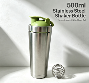 ขวดเชคเกอร์สแตนเลสขนาด 500 มล. พร้อมลูกบอลผสมสแตนเลส ฝาปิดแบบพลิกกันรั่ว สำหรับผสมโปรตีนในยิม แก้วเก็บความร้อน - Product Image 1
