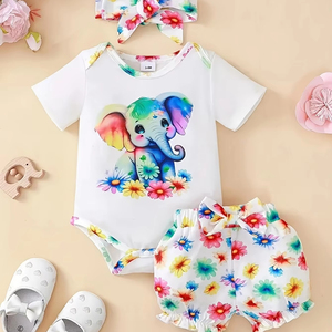 Sơ Sinh Bé Cô Gái Mùa Hè Thiết Lập Dễ Thương Voi In Ngắn Tay Áo Fart Áo Khoác Headscarf Chất Lượng Cao Vải Phương Tây Snap Nút - Product Image 1