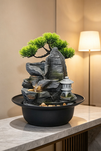 Fuente de Agua Decorativa Zen Oriental con <span class=keywords><strong>Pagoda</strong></span> de Montaña, Cascada de Rocas en Capas de Resina y Pino Artificial - Product Image 3