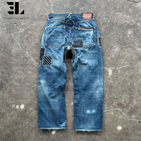 Pantalon en jean évasé de style japonais avec appliqué brodé à la main Sashiko, coupe slim, jambe droite, fabriqué sur mesure par LARSUR