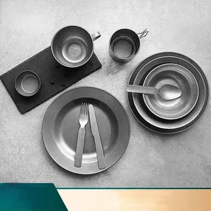 Ensemble de <span class=keywords><strong>vaisselle</strong></span> vintage en acier inoxydable, assiette à dîner, plateau portable de style japonais, bol, tasse, ensemble de <span class=keywords><strong>vaisselle</strong></span> de camping - Product Image 5