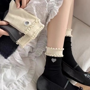 Women Mid-Calf Cotton <b>Socks</b> With Heart Embroidery And Bubble Trim <b>Grey</b> White Black Spring Summer Breathable Sweat Absorbing - Product Image 2