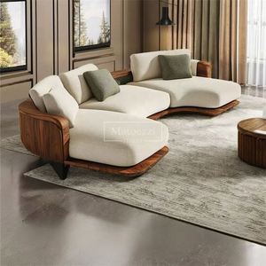 Ensemble de lit sectionnel trois places de style moderne Wabi-Sabi couleur noyer, en velours luxueux et écologique pour villa - Product Image 1