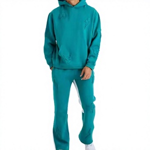 Ensemble de survêtement pour homme, couleur turquoise, avec capuche, logo en relief, sweat-shirt et pantalon décontractés, avec poches latérales, polyester respirant - Product Image 1