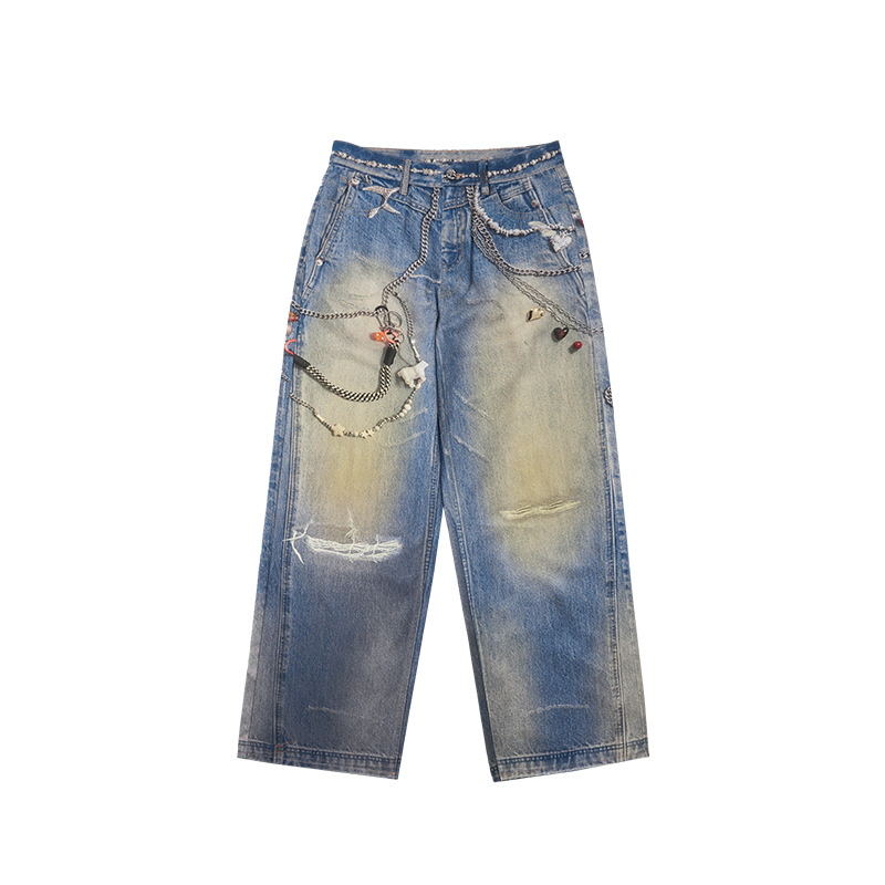 パンツ Chain Keystrap Printing Denim 3D Printed Trouser Chain Loose Washed Digital Graffiti