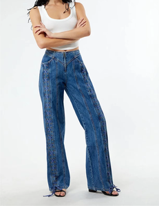 Jeans Larghi da Donna Bufa OEM Designer, Nuovi <span class=keywords><strong>Pantaloni</strong></span> Casual alla Moda <span class=keywords><strong>a</strong></span> <span class=keywords><strong>Vita</strong></span> <span class=keywords><strong>Bassa</strong></span> con Cerniera e Laccetti, Traspiranti ed Eco-Friendly, Eleganti - Product Image 1