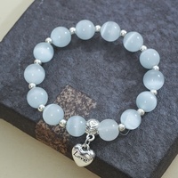 Bracelet en améthyste œil de chat avec pendentif cœur d'amour et perle en argent gravée rose, cadeau tendance pour femme