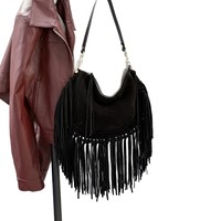 Sac bandoulière demi-lune en daim et cuir véritable de luxe avec franges et pompons, style vintage haut de gamme pour femme