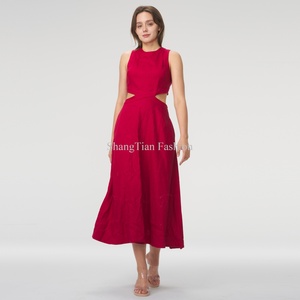 Vestido Midi Rojo de Lino para Mujer, Personalizado, de Alta Calidad, con Cuello Alto y Corte Sexy sin Mangas - Product Image 4