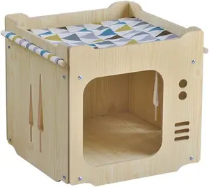 Wooden Cat House Rabbit Hideout with Hammock Stackable Collapsible Kitty Cube Room Splicing Bunny Combination Wooden pet hous