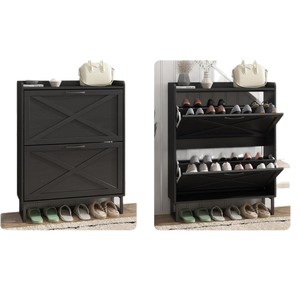 Nordic Style Double Layer <b>Shoe</b> Cabinet Black <b>Space</b> <b>Saving</b> <b>Storage</b> For Entryway And Living Room - Product Image 5