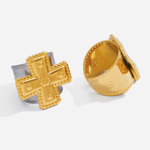 J&amp;D Minimalist <strong>Cross</strong> Two Tone Wide Band <strong>Ring</strong> Stainless Steel Gold <strong>Silver</strong> Plated Beaded Edge Open Adjustable Retro Jewelry - Product Image 1