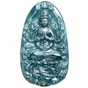 Pendentif en jade Guanyin bleu émeraude naturel, déesse protectrice du zodiaque, rat, pendentif Bouddha âme sœur - Product Image 5